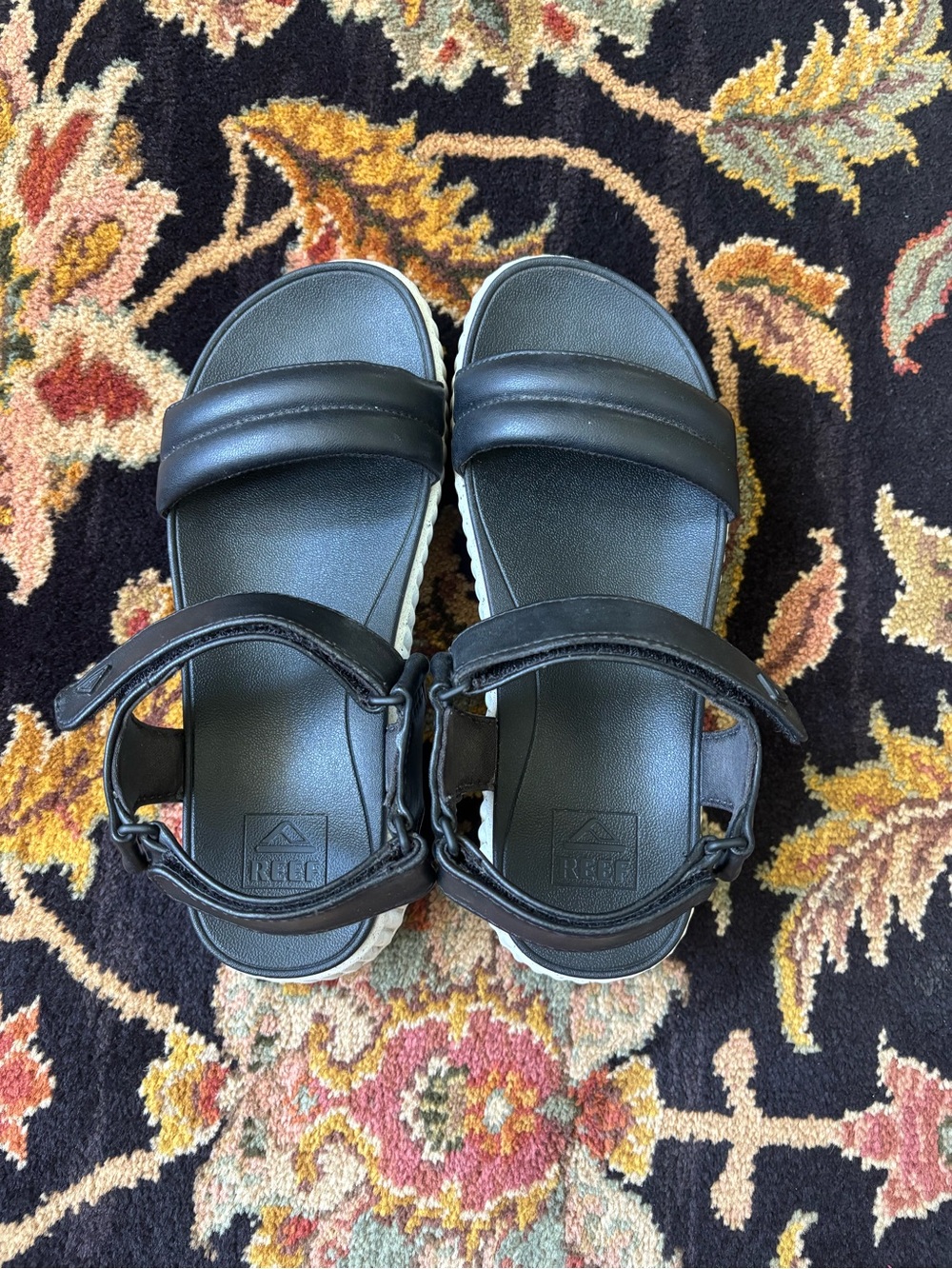 Reef Black Leather Double-Strap Platform Sandals